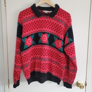 Vintage Heirlooms Handliomed Collared Sweater Women's M Black Red Roses